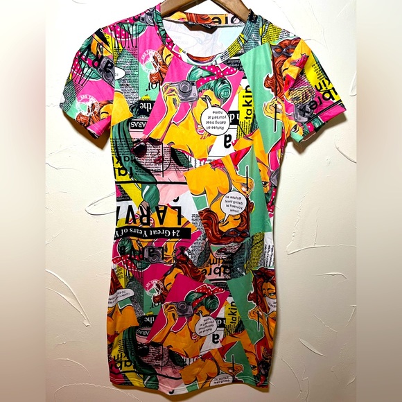 SHEIN Newspaper & Pop Art Print Mock-neck Dress SZ S - Picture 2 of 8